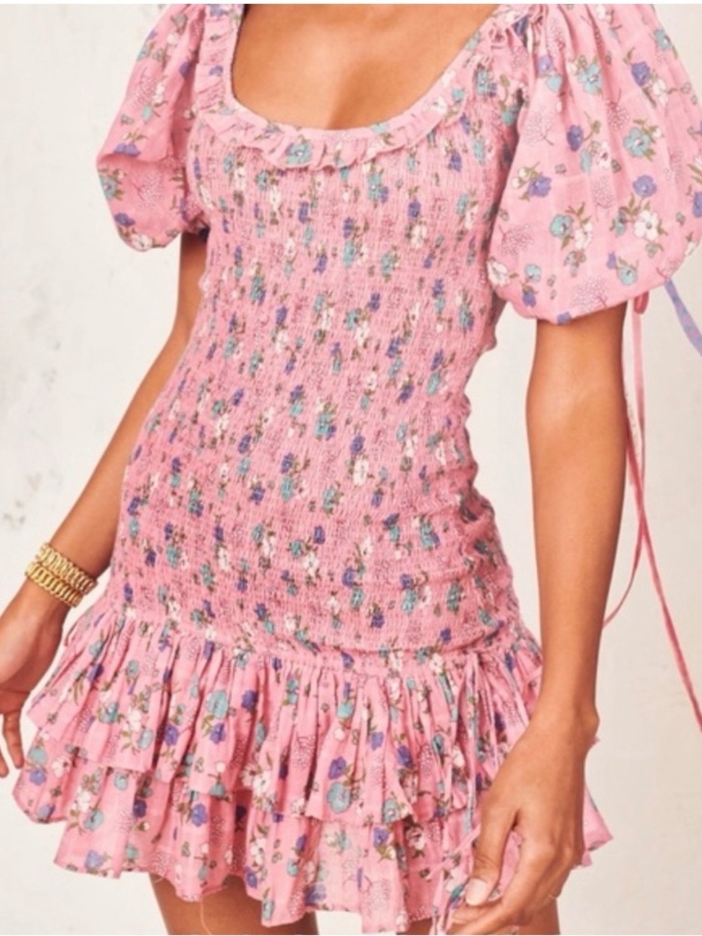 LoveShackFancy Pink Floral Smocked Mini Dress